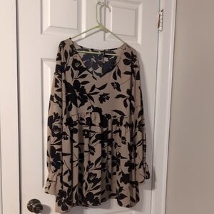 SHEIN Beige Tunic Blouse with Black Floral Print